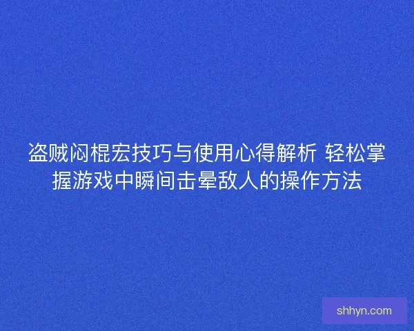 盗贼闷棍宏技巧与使用心得解析 轻松掌握游戏中瞬间击晕敌人的操作方法
